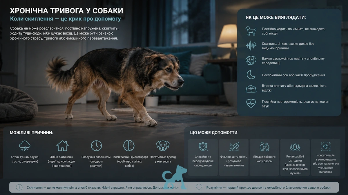 тривожний собака вночі у квартирі з інфографікою про стрес і скиглення