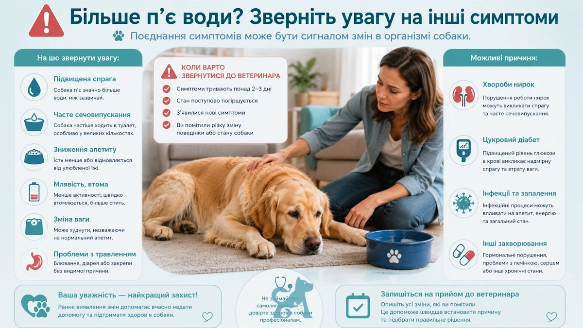 Собака з підвищеною спрагою та млявістю лежить біля миски з водою, а власниця стурбовано оцінює його стан