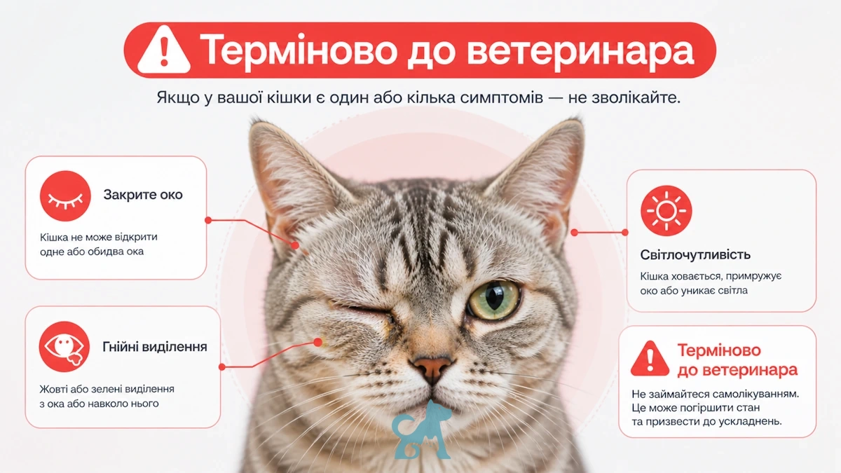 критичні симптоми кон’юнктивіту у кота — гнійні виділення, закрите око і світлочутливість