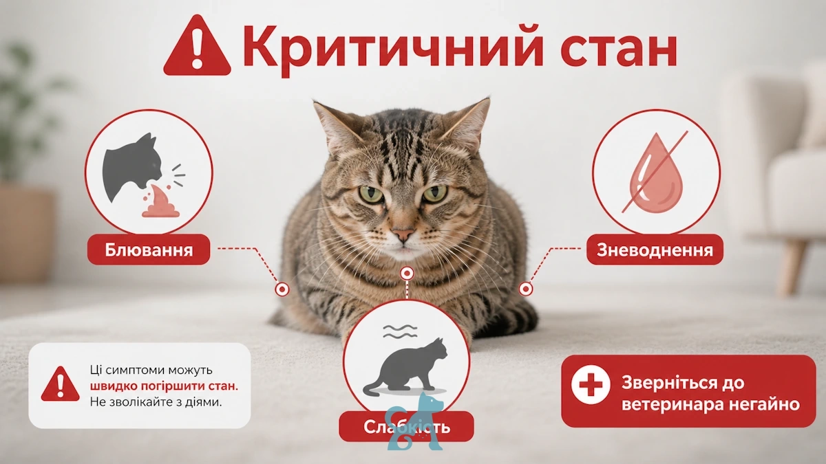 критичні симптоми у кота — блювання, слабкість і зневоднення потребують негайного звернення до ветеринара
