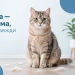 кіт під час линьки з шерстю на підлозі у квартирі