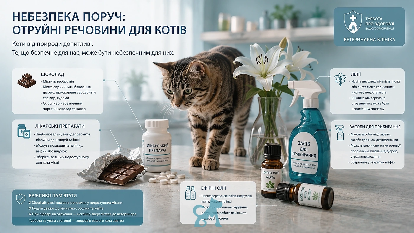 Кіт поруч із побутовою хімією, ліками та ліліями — небезпечними речовинами для котів