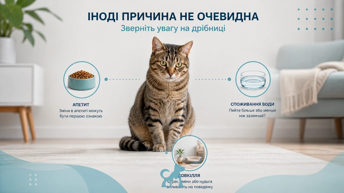 неочевидні причини змін поведінки кота апетит вода довкілля інфографіка