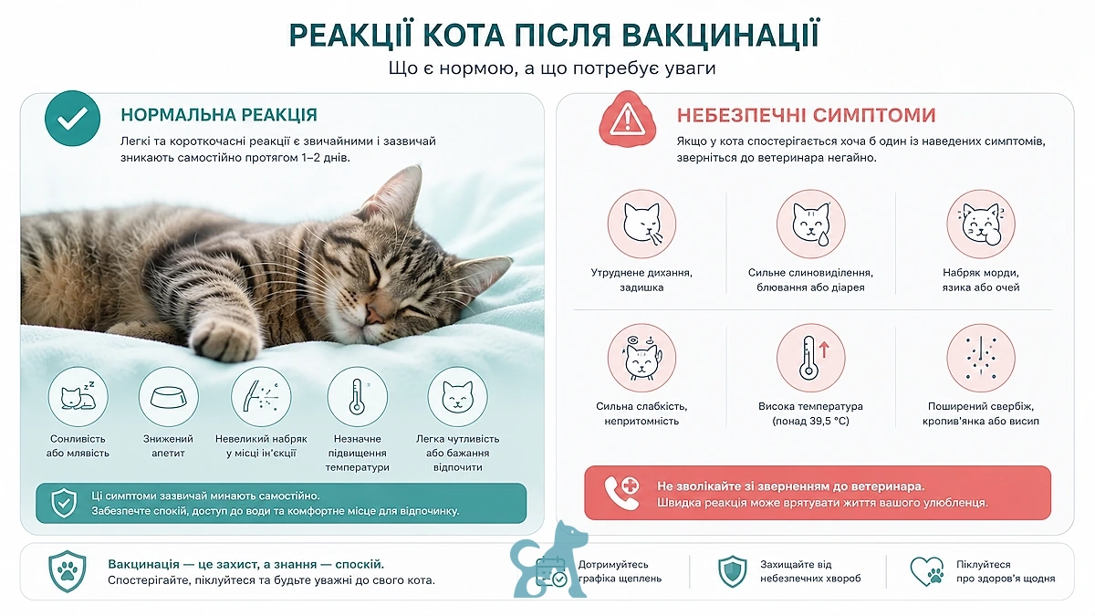 нормальні та небезпечні реакції кота після вакцинації