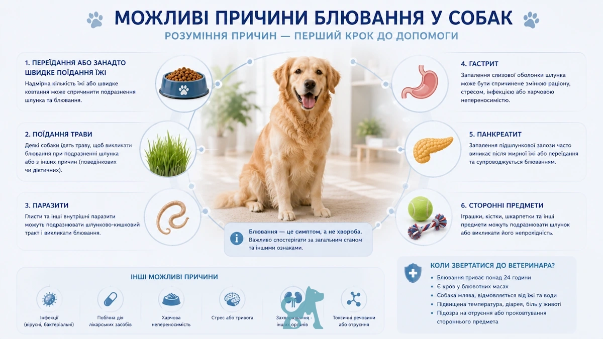 інфографіка з основними причинами блювання у собак та поясненням можливих захворювань і факторів ризику
