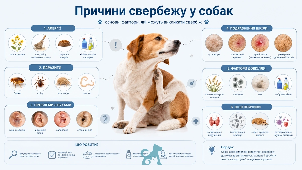 інфографіка з основними причинами свербежу у собак включаючи алергії паразитів проблеми вух та подразнення шкіри