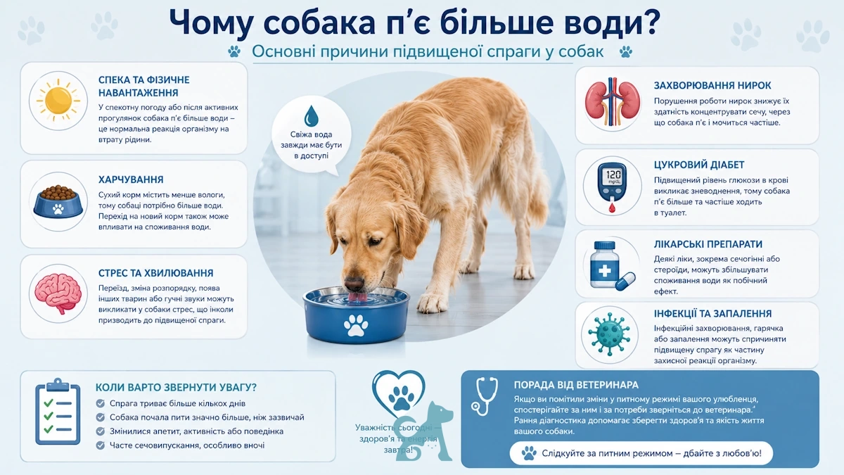 Інфографіка про основні причини підвищеної спраги у собак: спека, харчування, стрес, захворювання нирок і діабет