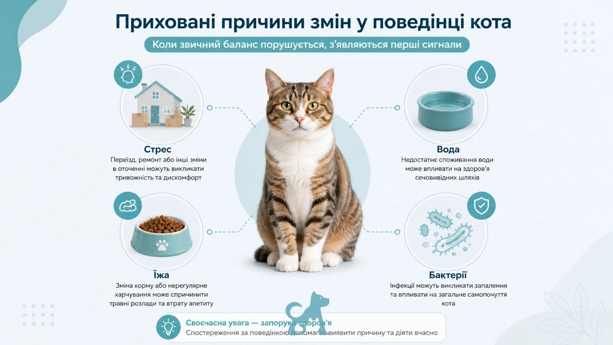 основні причини циститу у котів інфографіка стрес вода харчування бактерії