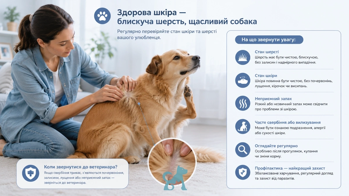 власниця оглядає шерсть і шкіру собаки через свербіж та можливі паразити або шкірні захворювання