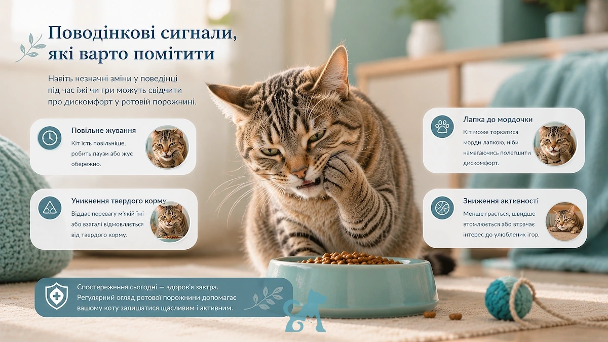 кіт повільно їсть і торкається мордочки лапою — ранні ознаки проблем із зубами