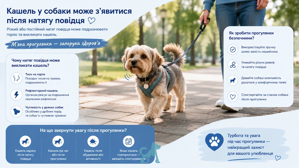 Маленький собака кашляє під час прогулянки через можливе подразнення горла або трахеї від повідця