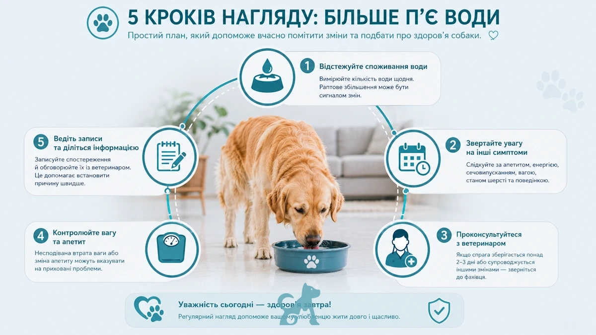 Покрокова схема дій для власника собаки при підвищеній спразі та збільшенні споживання води