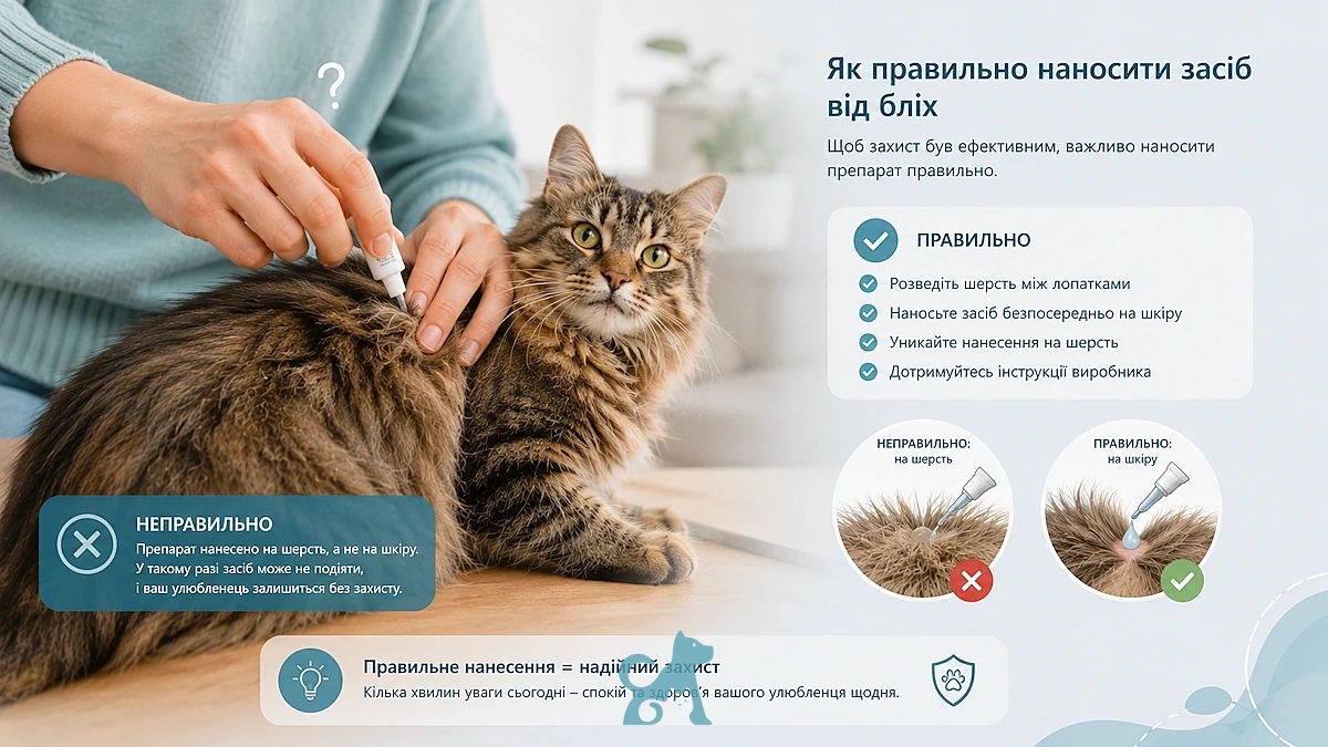 Правильне нанесення засобу від бліх на шкіру кота між лопатками