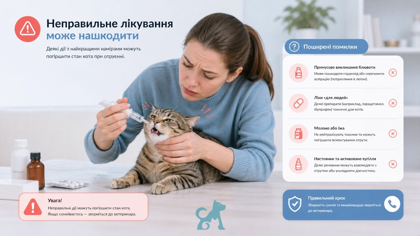 людина намагається дати коту ліки та робить помилки при лікуванні отруєння