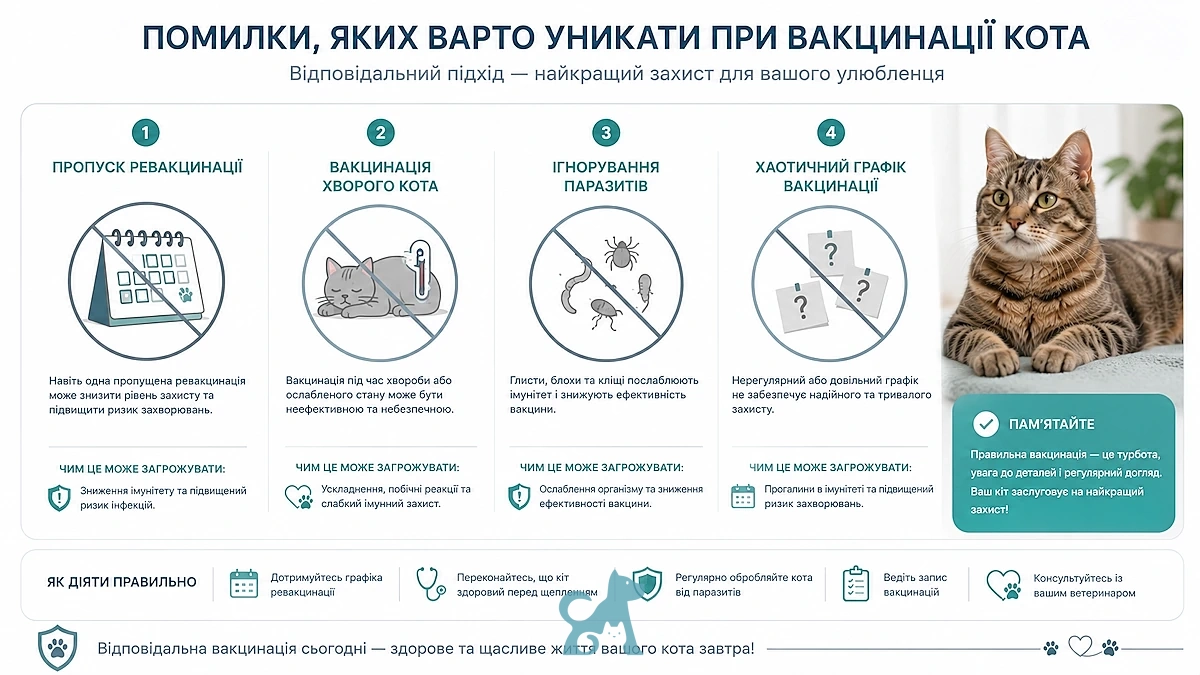 помилки при вакцинації кота пропуск ревакцинації та вакцинація хворого кота