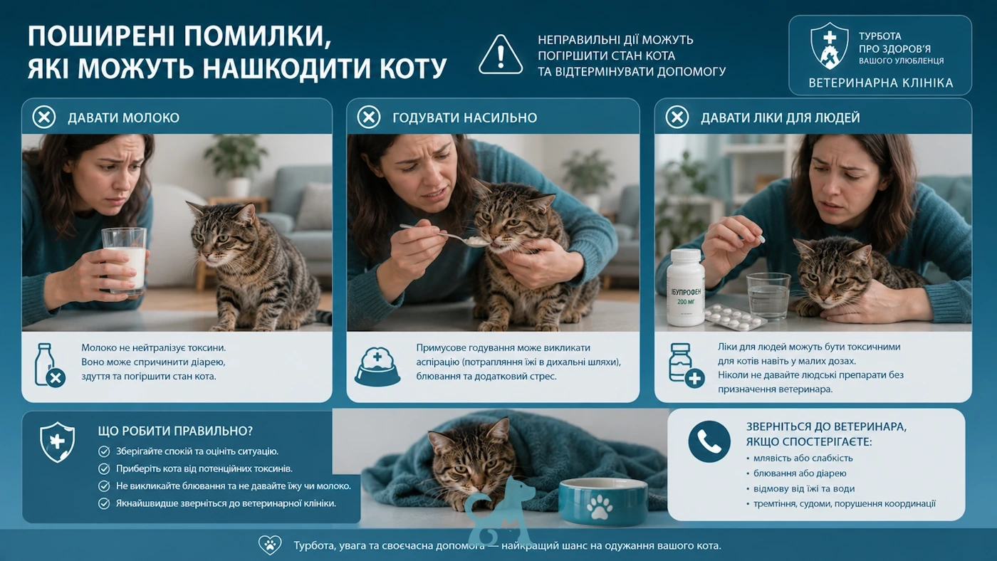 Інфографіка про небезпечні помилки власників під час отруєння кота