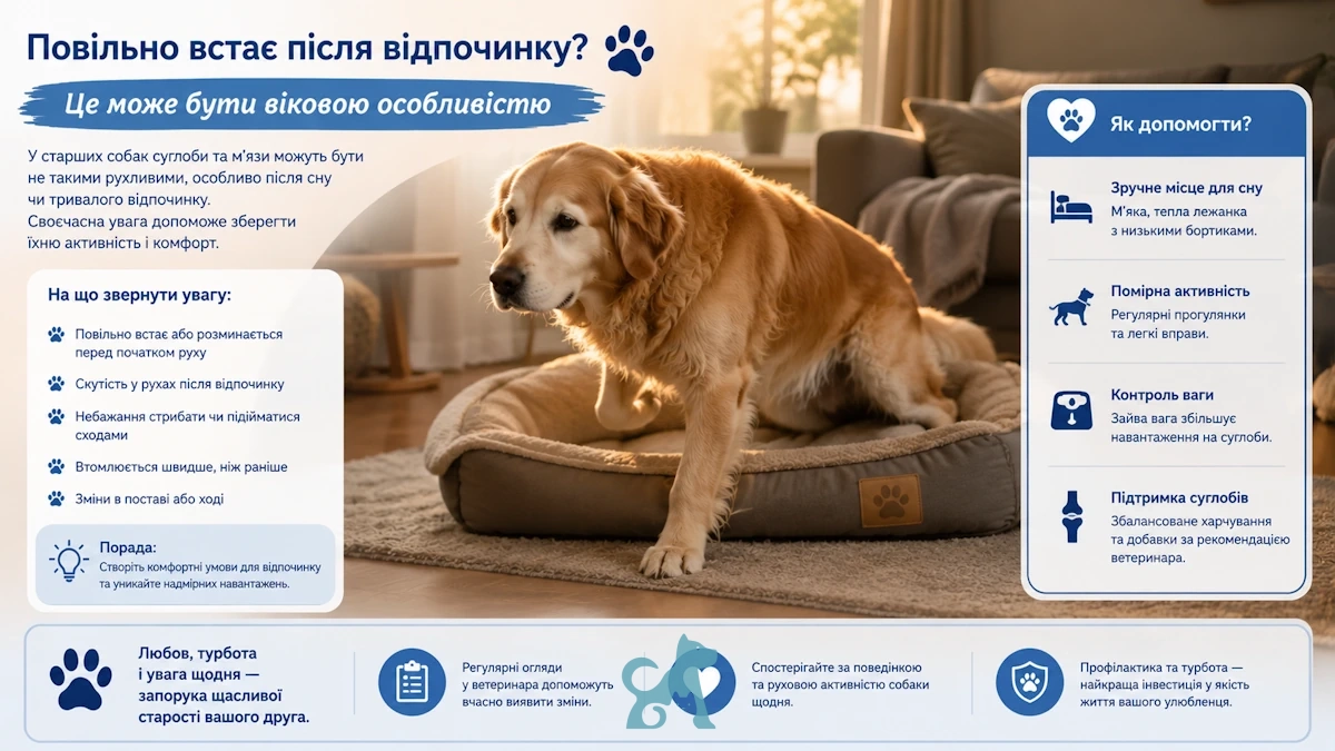 Літній собака повільно встає зі своєї лежанки через дискомфорт у суглобах