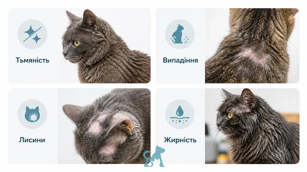 проблеми з шерстю у кота — тьмяність, випадіння, лисини та жирність як симптоми