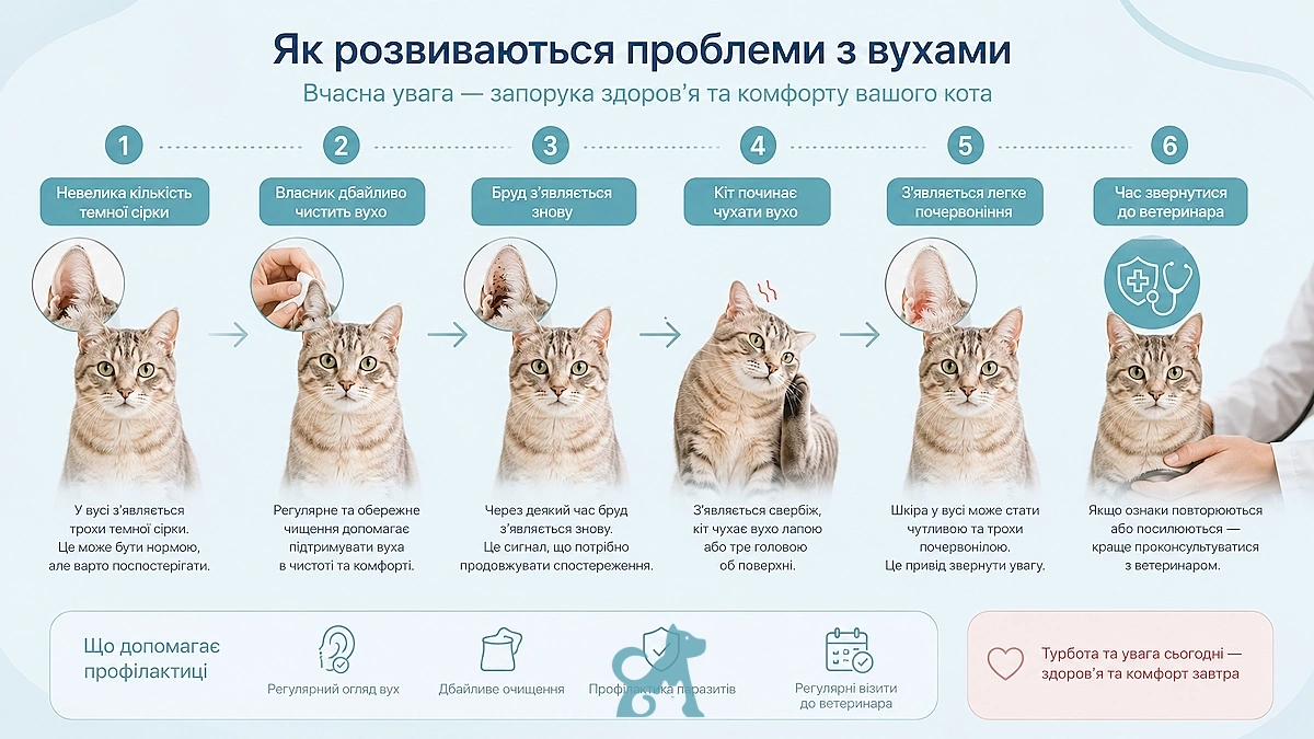 Поступовий розвиток проблем із вухами у кота від легких симптомів до запалення