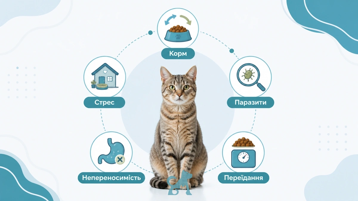 основні причини діареї у кота — корм, паразити, стрес, переїдання та непереносимість