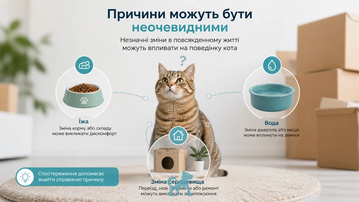 причини змін поведінки кота їжа вода та середовище інфографіка