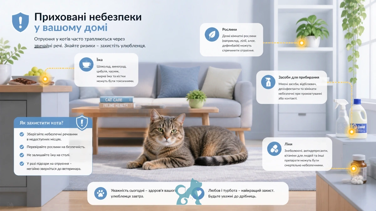 інфографіка з котом у квартирі та прихованими небезпеками для кота в домі