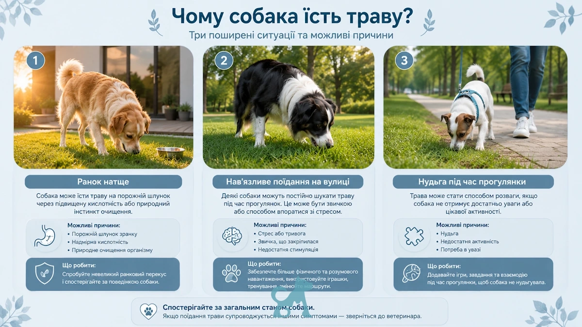різні собаки їдять траву під час прогулянки — типові ситуації, які помічають власники