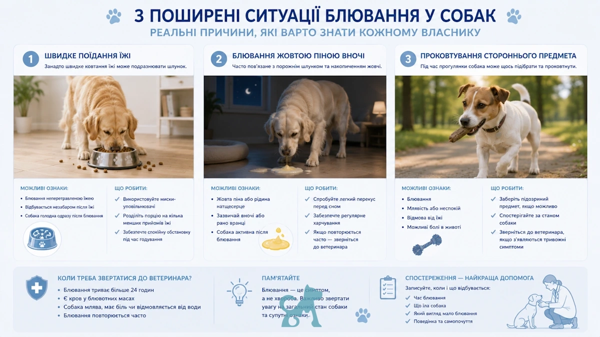 інфографіка з реальними сценаріями блювання у собак та порадами для власників