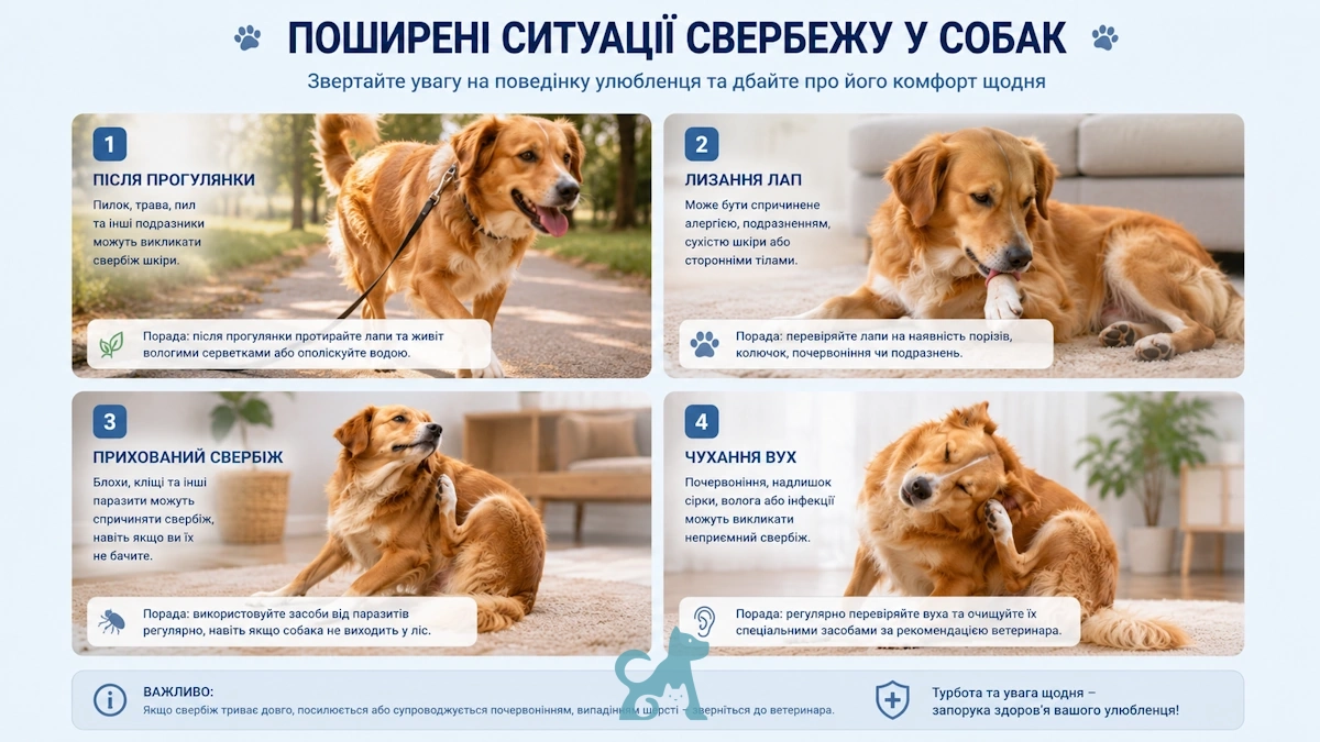 типові ситуації свербежу у собак після прогулянки, при лизанні лап, паразитах та проблемах з вухами