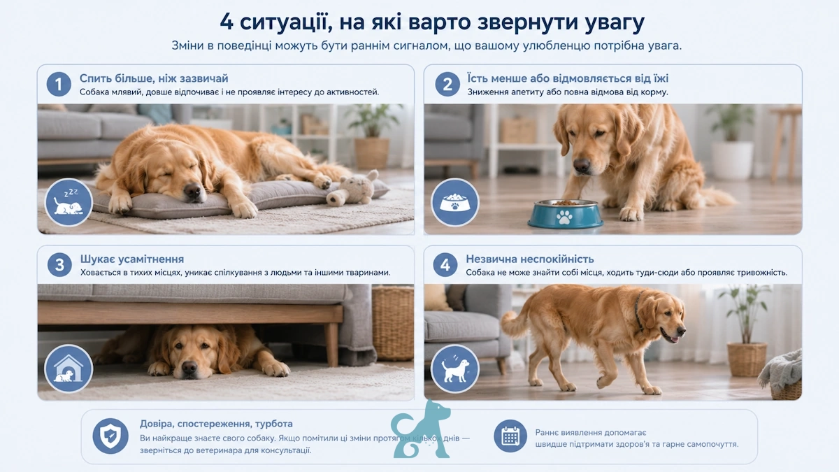 Поширені зміни в поведінці собаки: сонливість, відмова від їжі, усамітнення та неспокій