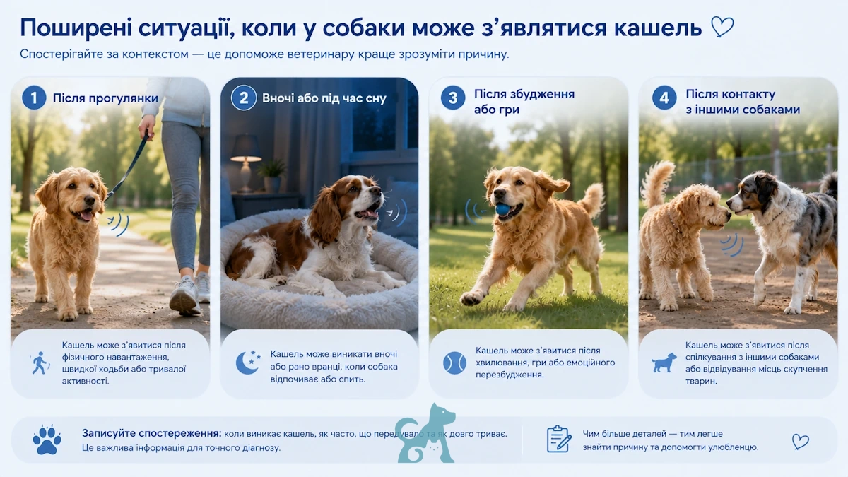 Поширені ситуації, у яких у собаки може з’являтися кашель: після прогулянки, під час сну, гри або контакту з іншими собаками