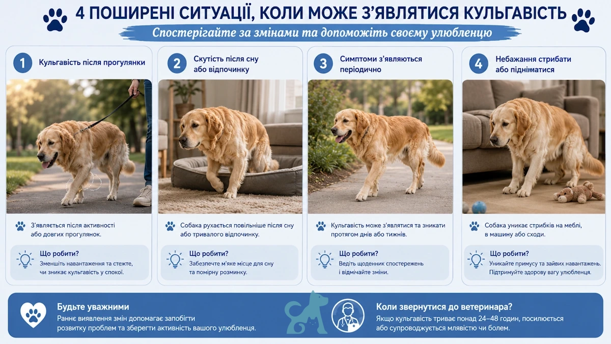 Чотири поширені ситуації, у яких власники помічають кульгавість у собаки під час прогулянок, після сну або фізичної активності