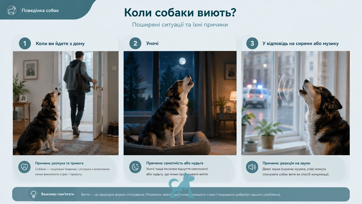 собака виє коли господар іде з дому вночі та у відповідь на сирени