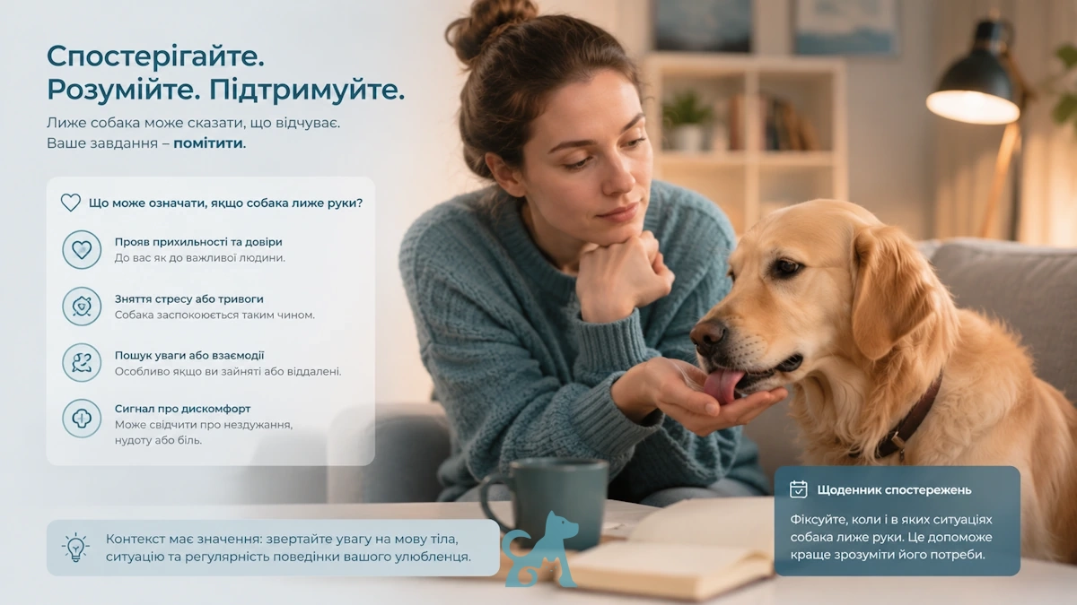 жінка спостерігає за собакою, яка лиже руку господаря вдома