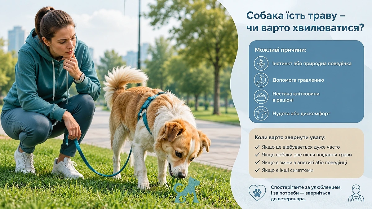 собака їсть траву під час прогулянки, а власниця спостерігає за поведінкою у парку