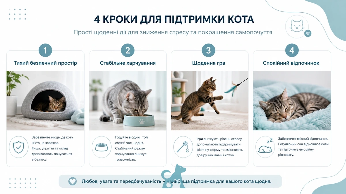 Інфографіка з порадами для зменшення стресу у кота вдома