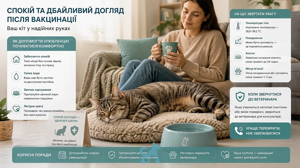 Після вакцинації коту потрібні спокій, вода, турбота та уважне спостереження за самопочуттям.