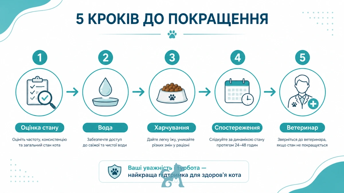 що робити при діареї у кота — 5 кроків: оцінка стану, вода, харчування, спостереження, ветеринар