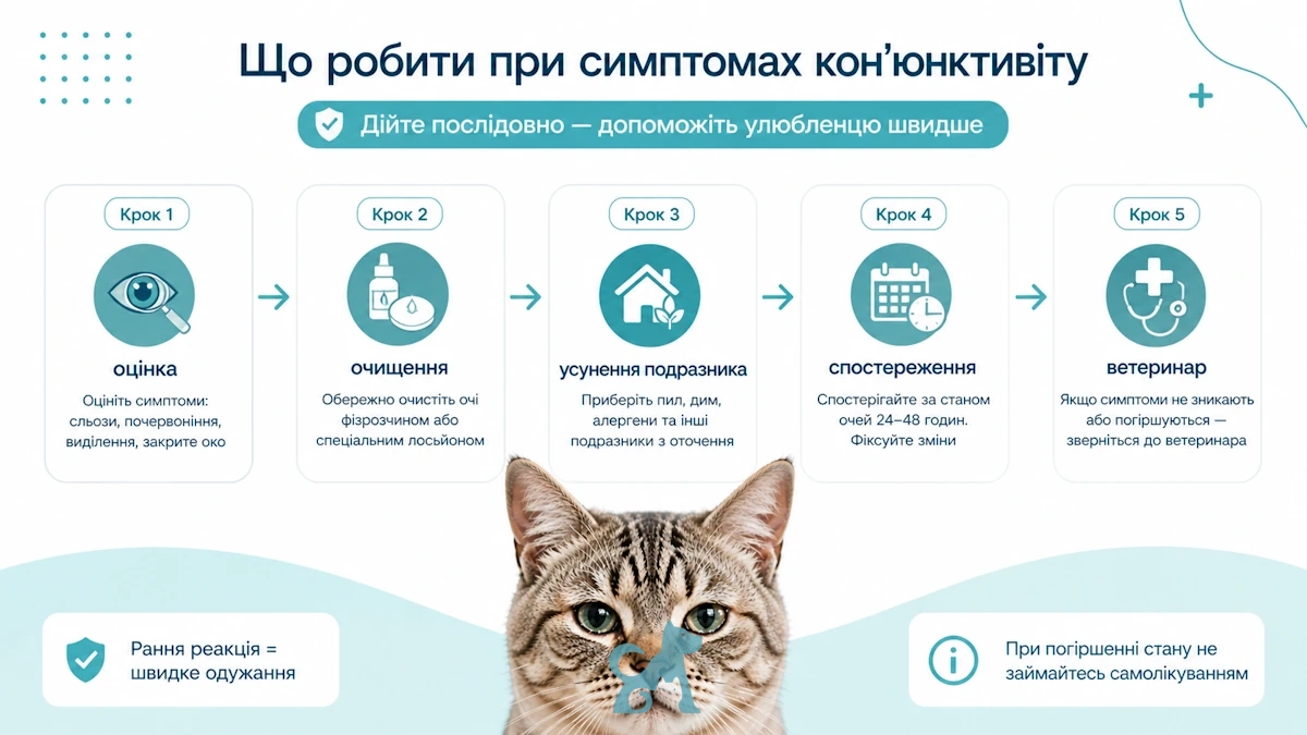 що робити при кон’юнктивіті у кота — оцінка, очищення очей, усунення подразника, спостереження і ветеринар