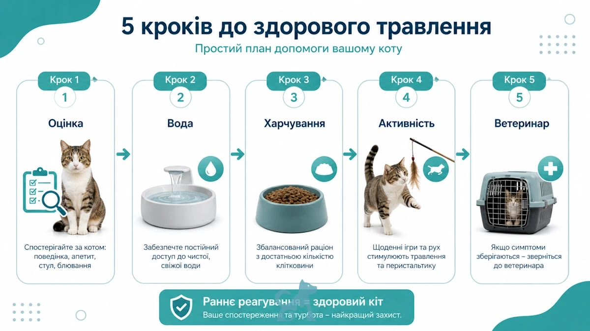що робити при запорі у кота — 5 кроків: оцінка стану, вода, харчування, активність і ветеринар