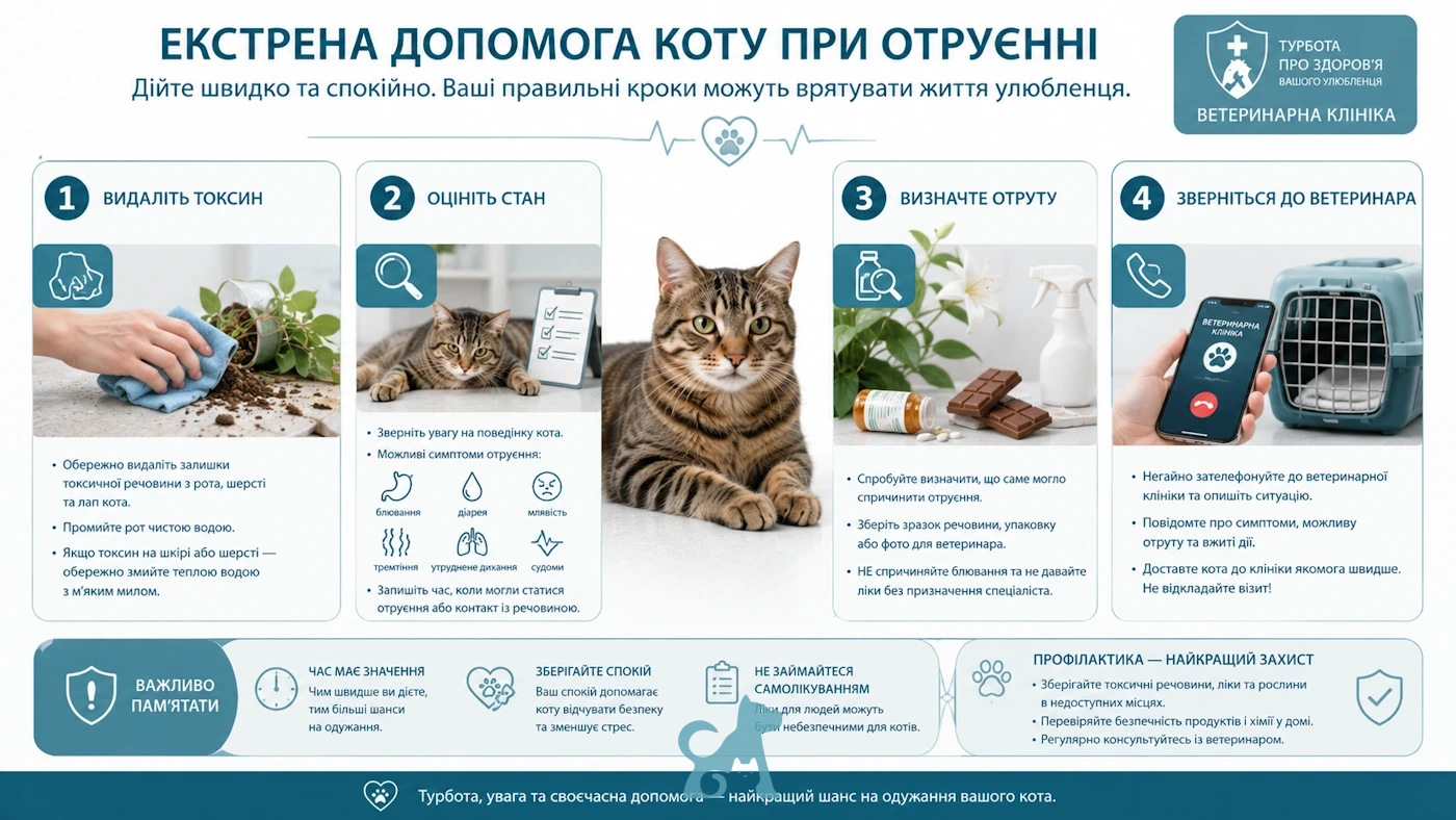 Інфографіка з покроковою допомогою коту при отруєнні