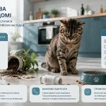 Кіт сидить на кухні поруч із перекинутою рослиною та ліками — можливі джерела отруєння