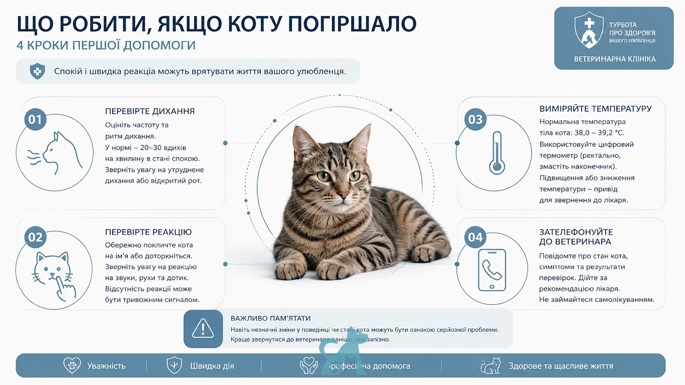 Інфографіка з порадами першої допомоги коту при погіршенні стану