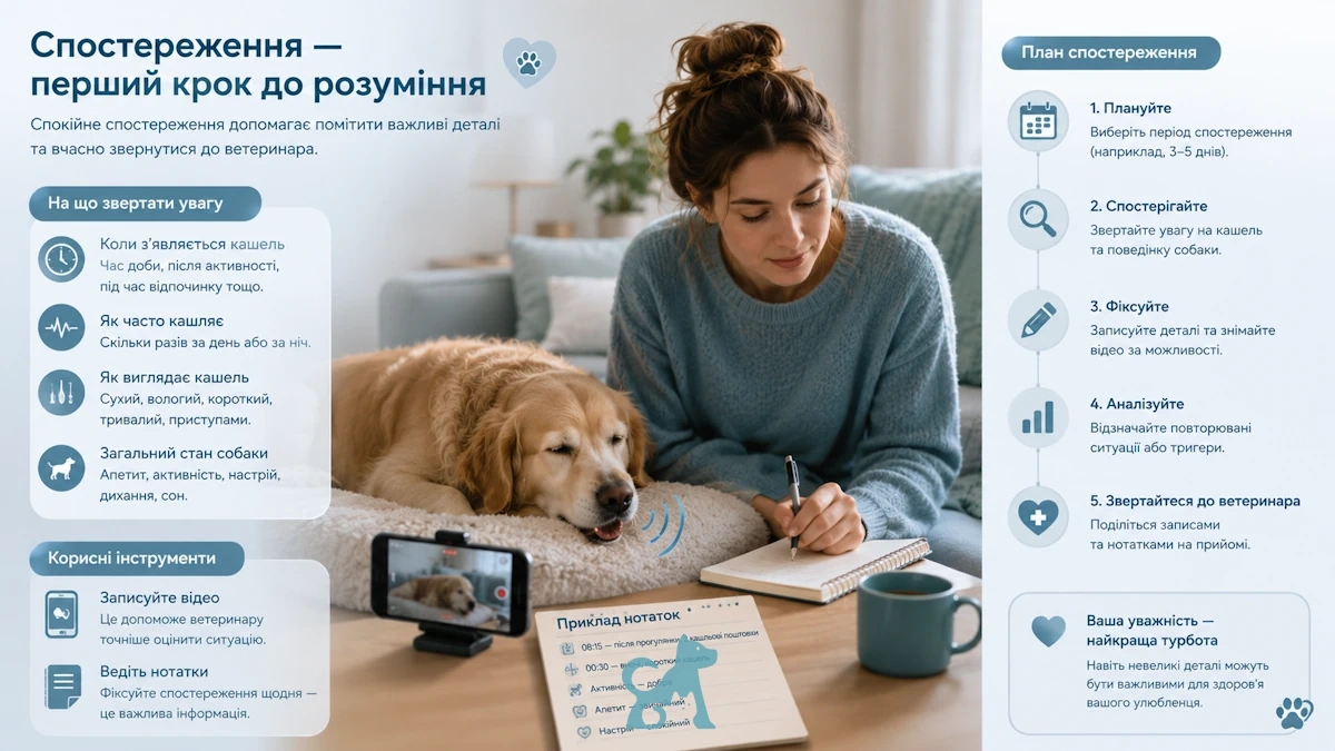 Власниця записує спостереження про кашель собаки та веде нотатки для контролю симптомів