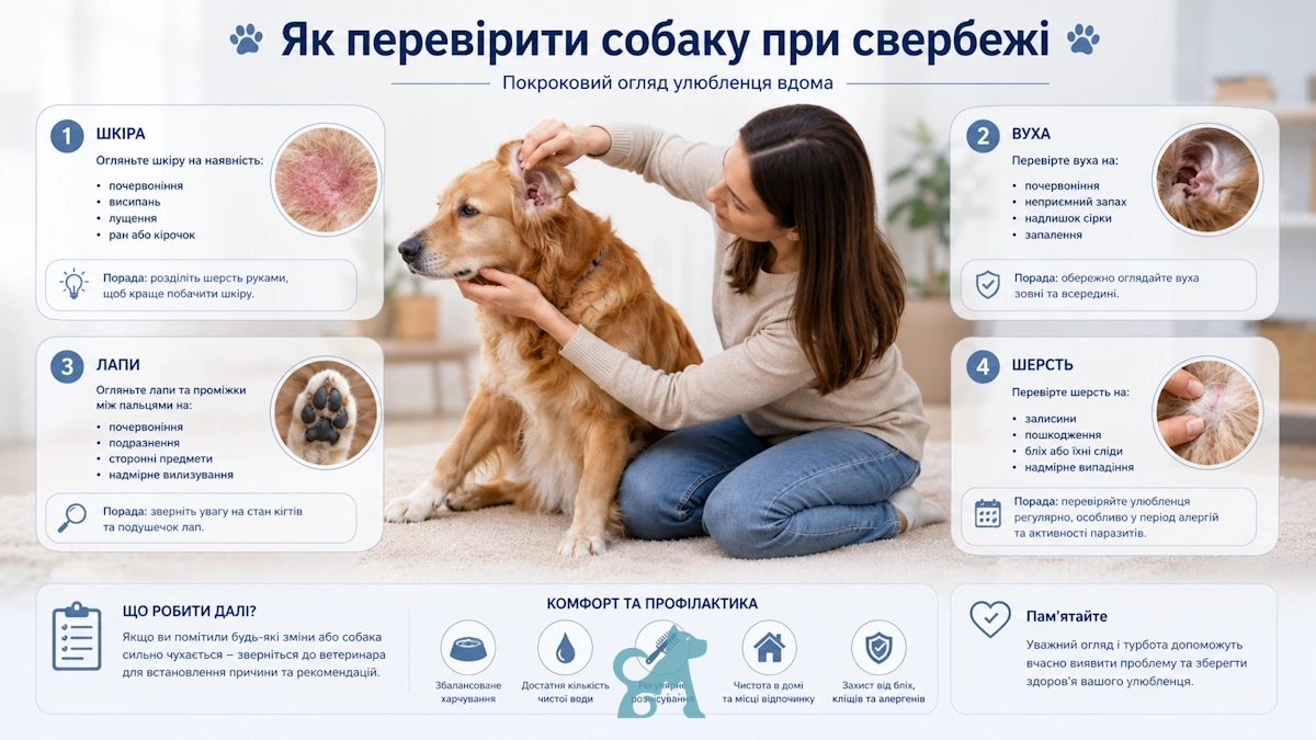 власниця оглядає собаку через свербіж та перевіряє шкіру, вуха, лапи і шерсть