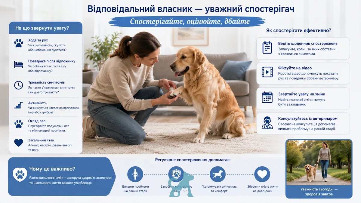 Власниця оглядає лапу собаки вдома після появи кульгавості та оцінює його стан