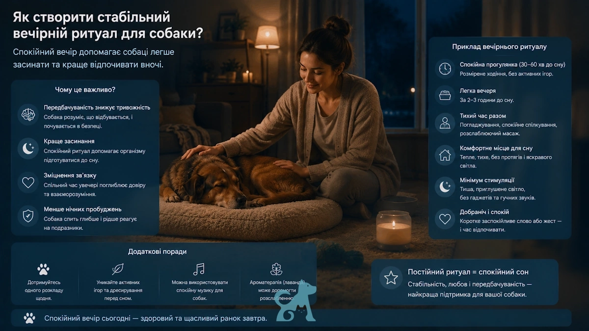 власниця заспокоює собаку перед сном — вечірній ритуал для спокійної ночі