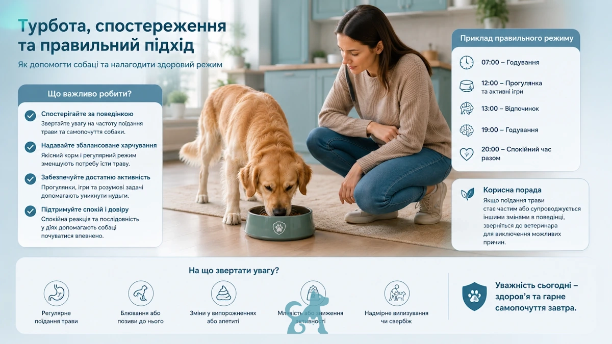 власниця спостерігає за собакою біля миски — правильний підхід якщо собака постійно їсть траву