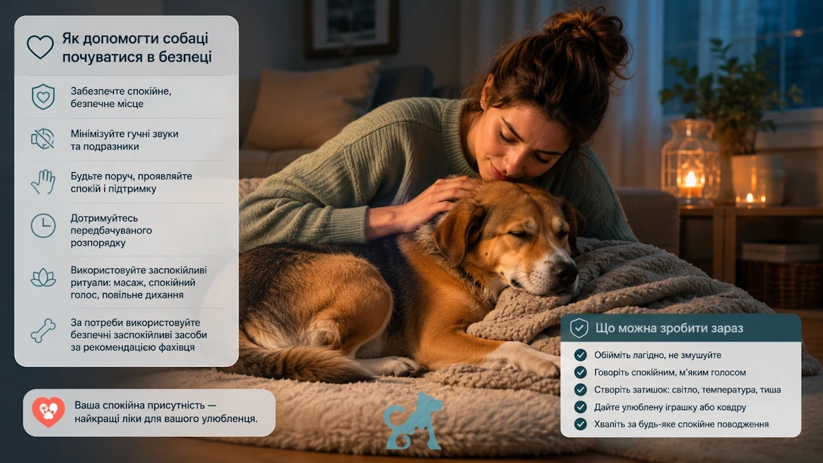 господарка заспокоює собаку який тремтить вдома
