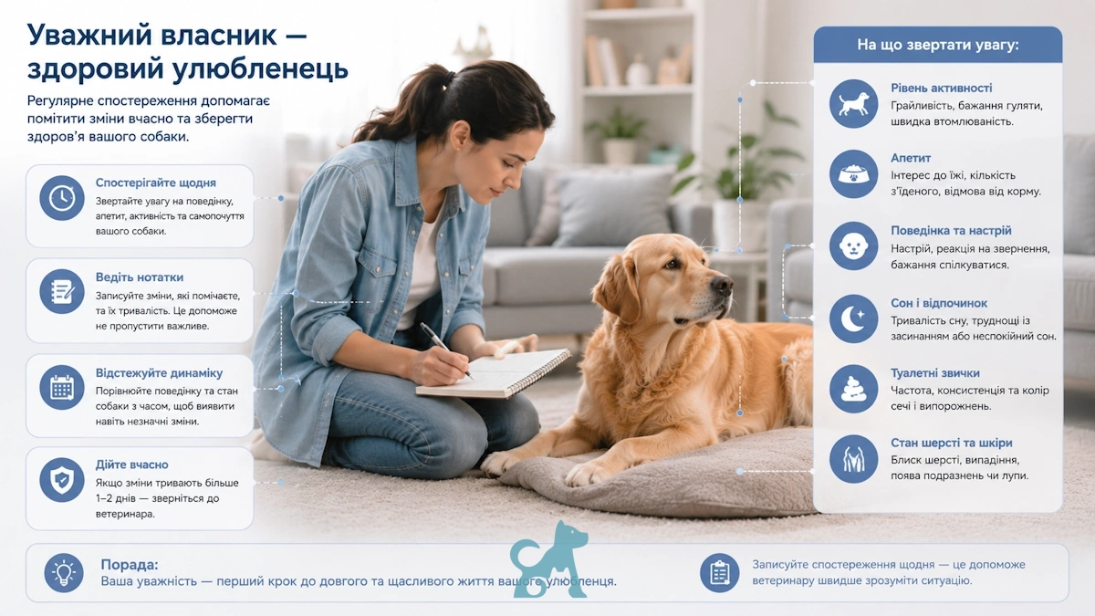 Власниця спостерігає за собакою та записує зміни в поведінці для контролю стану здоров’я
